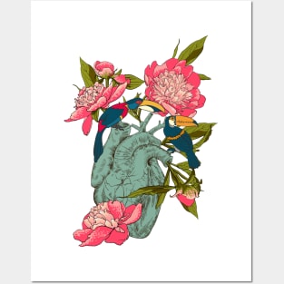 heart with flowers, leaves and birds Posters and Art